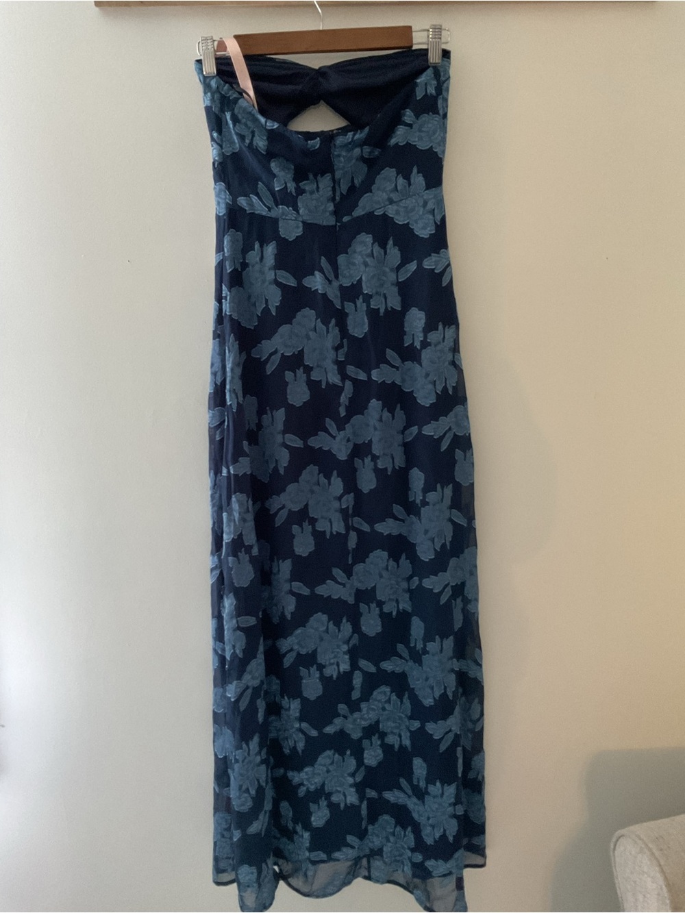 Lulus Danae Navy Blue Floral Jacquard Strapless Chiffon Maxi Dress Event - Picture 7 of 14